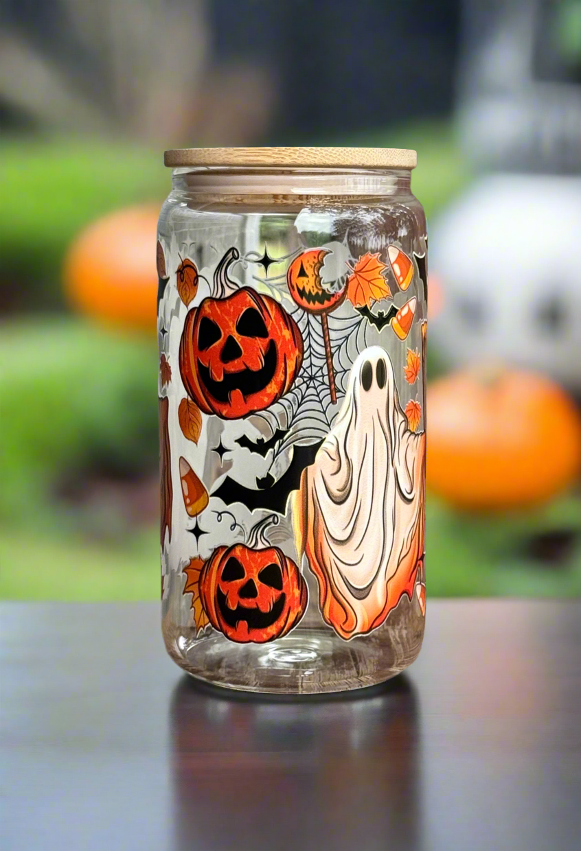 16oz Scary Movies Glass Can Tumbler with bamboo lid and straw