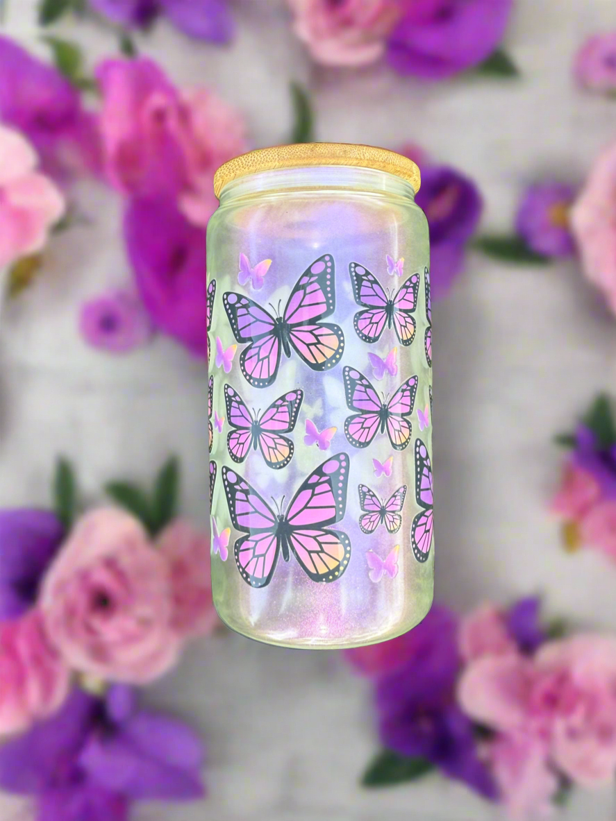 16oz Butterflies Glass Can Tumbler with bamboo lid and straw