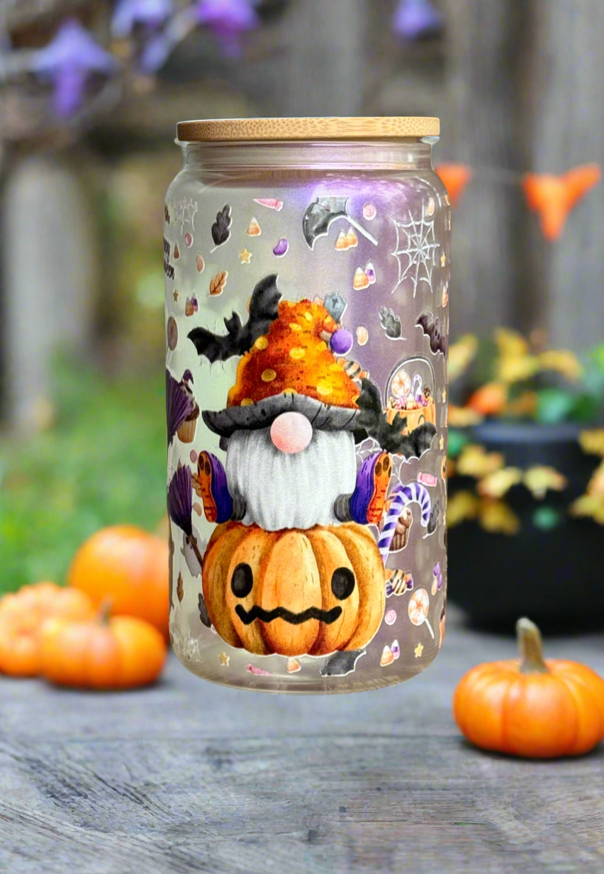 16oz Halloween Gnomes Glass Can Tumbler with bamboo lid and straw
