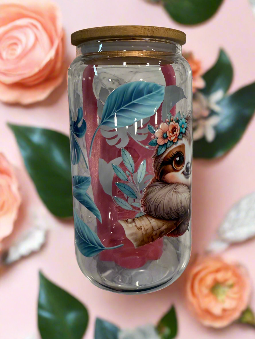 16oz Baby Sloth Tropical Glass Can Tumbler with bamboo lid and straw