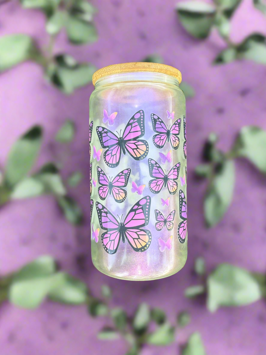 16oz Butterflies Glass Can Tumbler with bamboo lid and straw