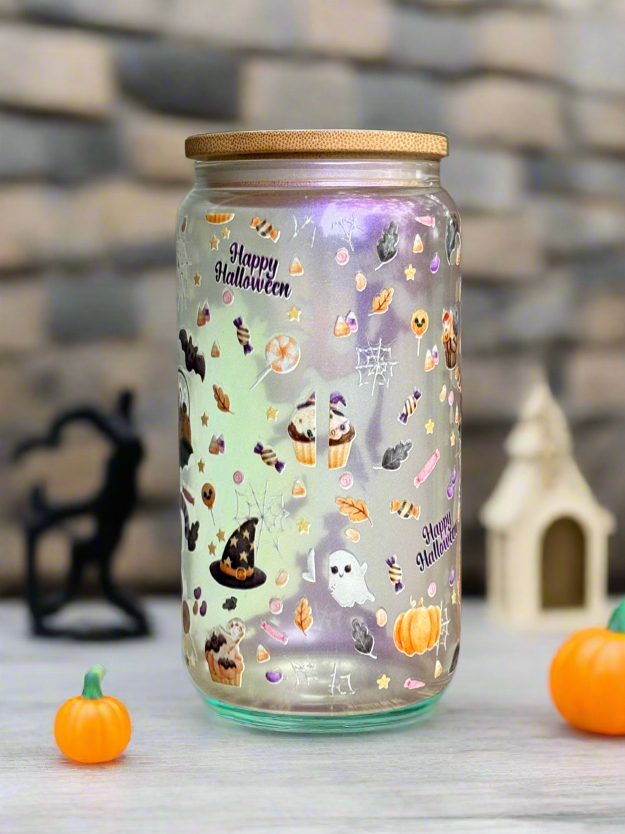 16oz Halloween Gnomes Glass Can Tumbler with bamboo lid and straw