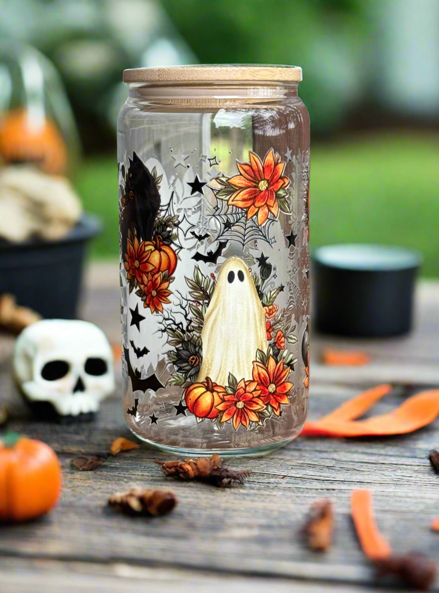 16oz Scary Movies Glass Can Tumbler with bamboo lid and straw
