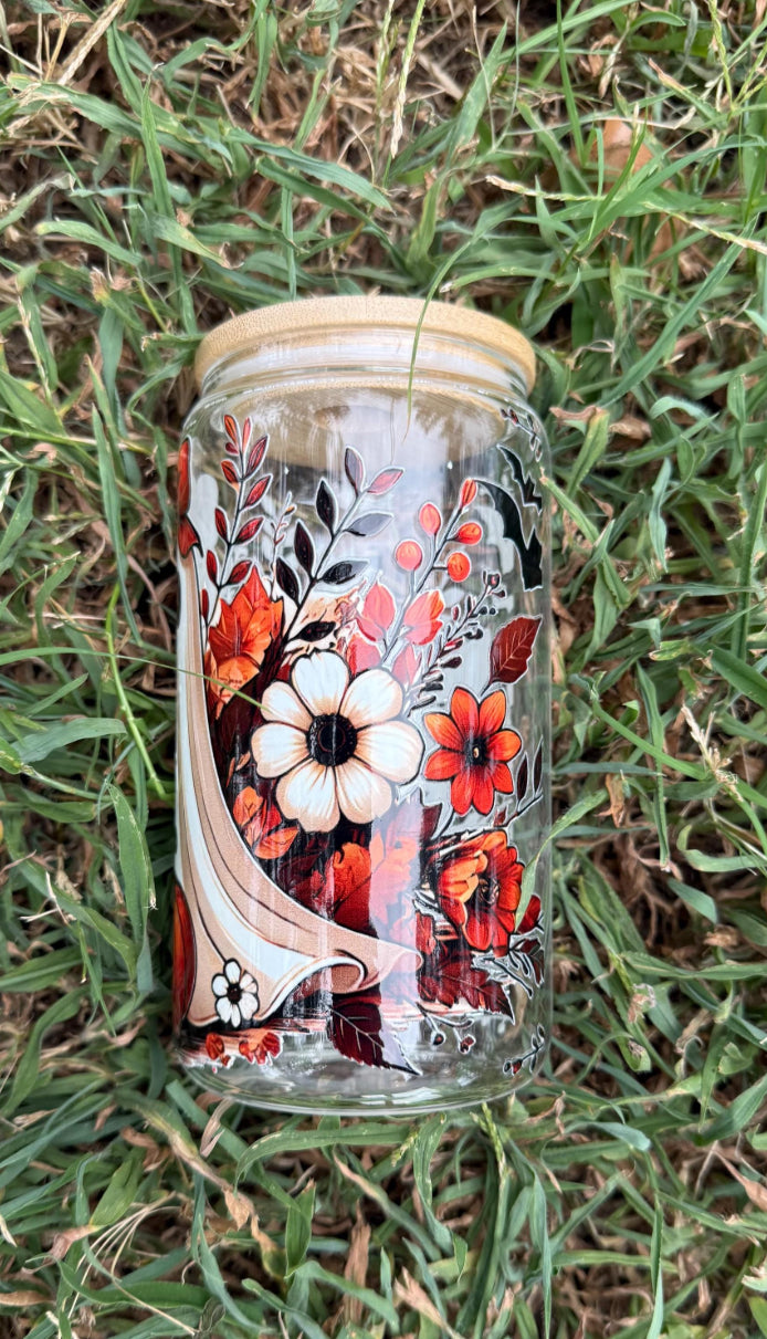 16oz Ghost With Pumpkin and Flowers Glass Can Tumbler with bamboo lid and straw