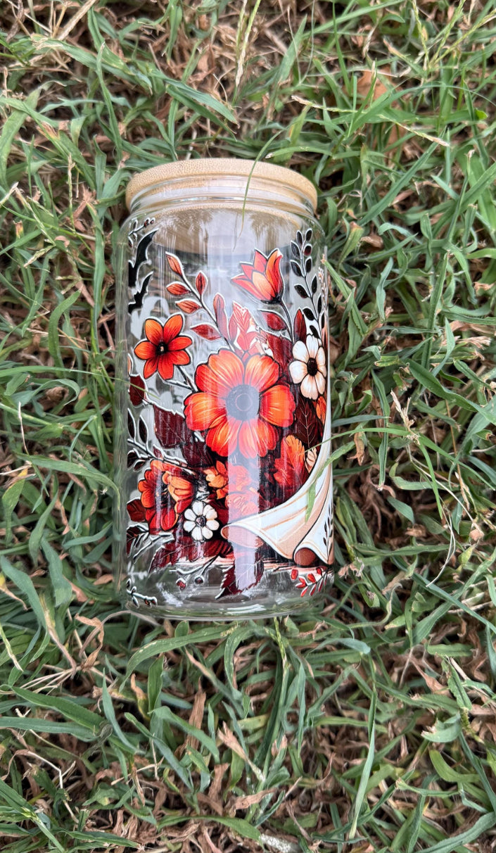 16oz Ghost With Pumpkin and Flowers Glass Can Tumbler with bamboo lid and straw