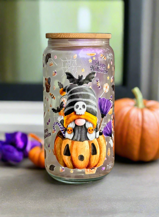 16oz  Halloween Gnomes Glass Can Tumbler with bamboo lid and straw