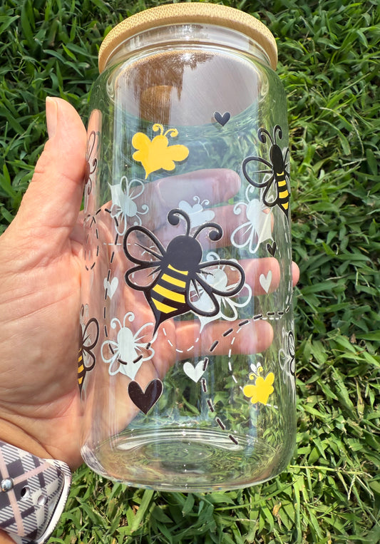 16oz Bumblebees  Glass Can Tumbler with bamboo lid and straw