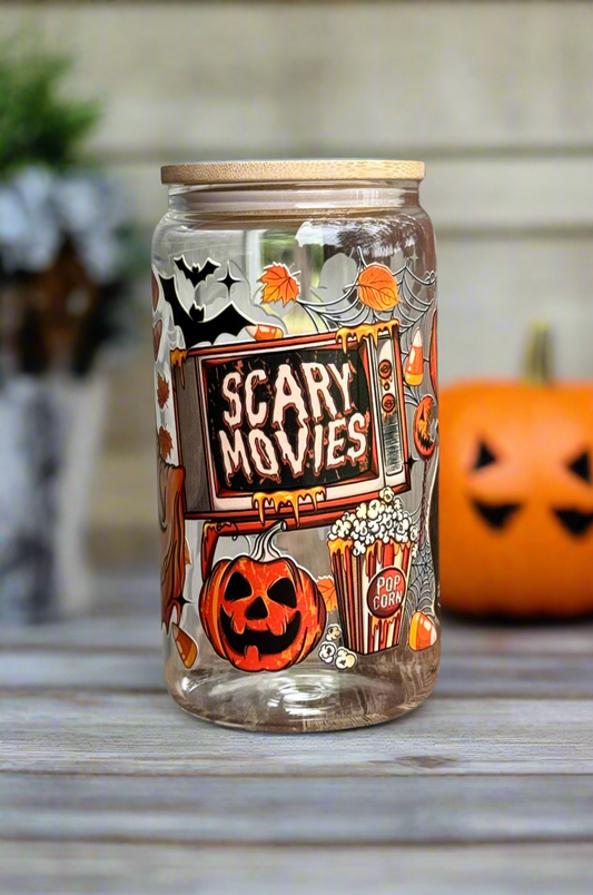 16oz  Scary Movies Glass Can Tumbler with bamboo lid and straw
