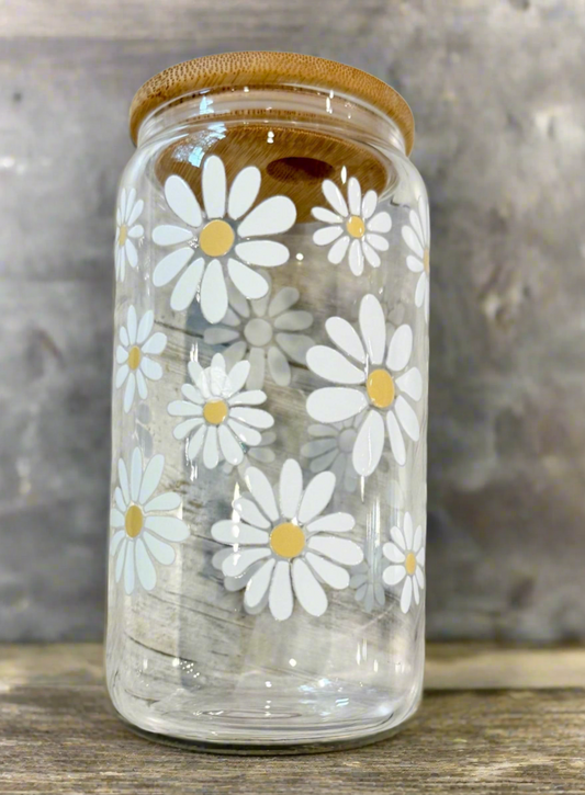 16oz Daisies  Glass Can Tumbler with bamboo lid and straw