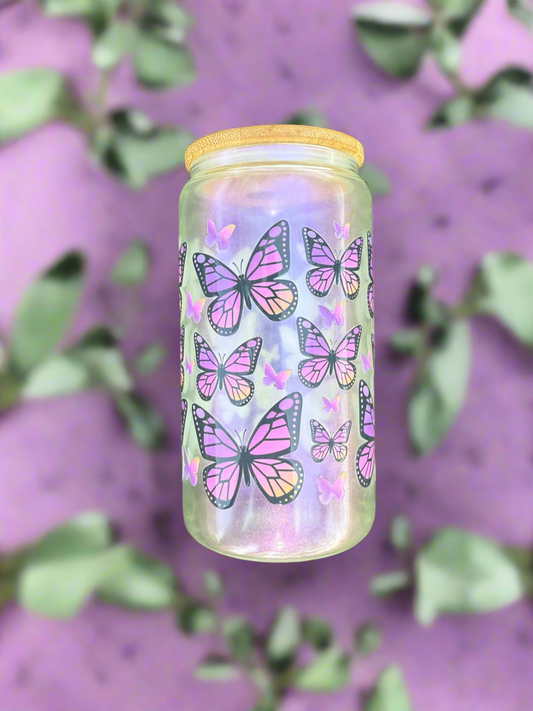 16oz Butterflies  Glass Can Tumbler with bamboo lid and straw