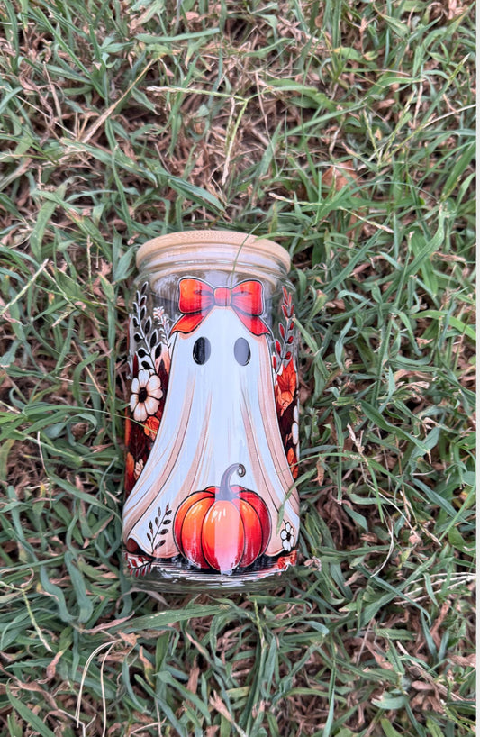 16oz Ghost With Pumpkin and Flowers Glass Can Tumbler with bamboo lid and straw