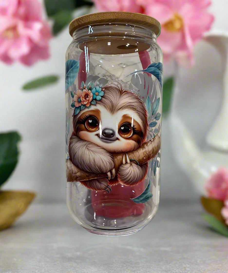 16oz Baby Sloth Tropical Glass Can Tumbler with bamboo lid and straw